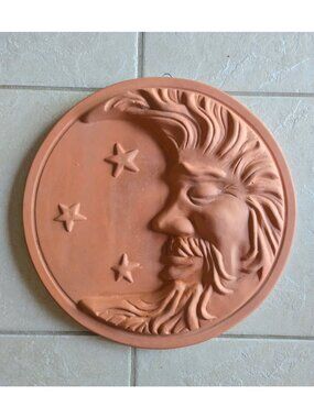 Terracotta Moon Wall Plaque 13 Inch Diameter Handcrafted Rustic Décor